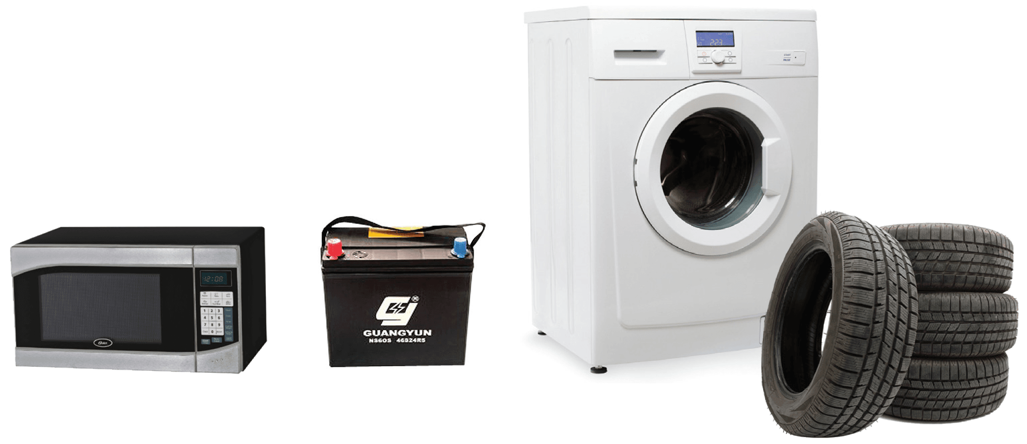 Washing machine, Microwave, Car Battery, Tires